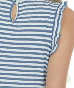 Hayden Steel Blue Striped Frill Ribbed Knit Tank Top