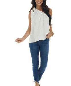 BiBi Ivory One Shoulder Top With Self Tie Strap Tops