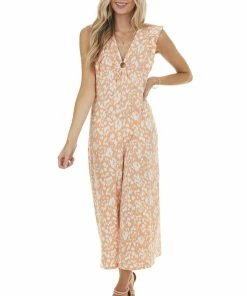 Ces Femme Salmon Printed Short Sleeve Jumpsuit With Front Ring Keyhole