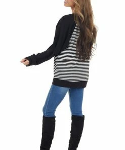 Cotton Bleu Tops Black And White Striped Soft Knit Top With Contrast Sleeves