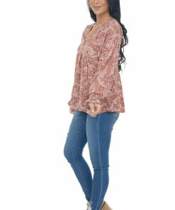 Andree Tops Terracotta Printed Puff Sleeve Babydoll Blouse
