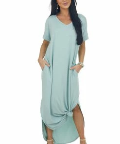 ZENANA Mint Short Sleeve Maxi Dress With Side Slits