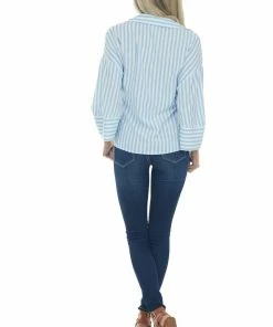 Umgee Tops Baby Blue And Ivory Striped Half Button Top 13 Umgee Tops Baby Blue And Ivory Striped Half Button Top