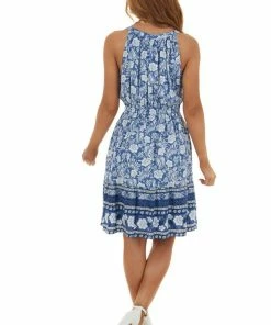 Davi & Dani Dusty Blue Floral Print Notch Neck Short Dress