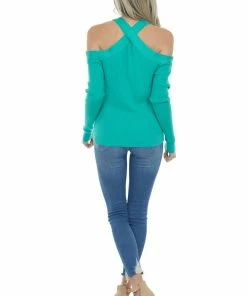 Lime Lush Jungle Halter Neck Cold Shoulder Ribbed Top Tops