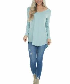 ZENANA Arctic Blue Rounded Hem V Neck Soft Knit Top 24 ZENANA Arctic Blue Rounded Hem V Neck Soft Knit Top