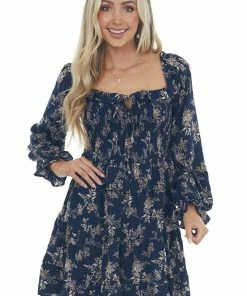 She + Sky Dresses Navy And Champagne Smocked Tiered Woven Dress