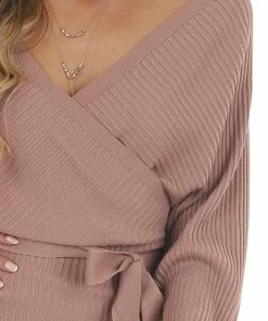 Style Melody Dresses Dusty Rose Surplice Ribbed Knit Sweater Dress