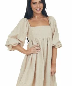 Sweet Lemon Beige Textured Woven Babydoll Short Dress