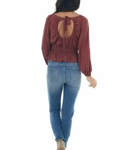 She + Sky Marsala Open Back Smocked Peplum Silky Blouse
