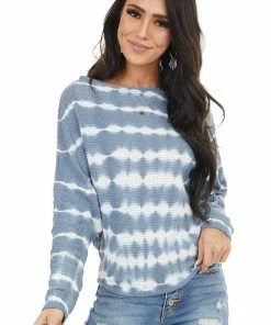 She + Sky Slate Blue Tie Dye Waffle Knit Top With Dolman Sleeves Tops 26 She + Sky Slate Blue Tie Dye Waffle Knit Top With Dolman Sleeves Tops
