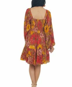 ANGIE Pale Olive Floral Long Sleeve Lace Waist Dress