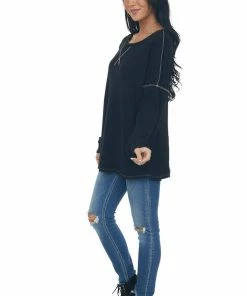 Now N Forever Tops Black Exposed Seam Ribbed Waffle Knit Top