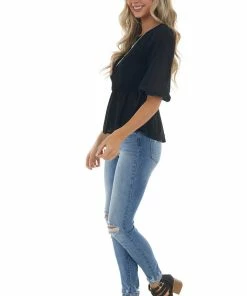 HYFVE Black Smocked Peplum Puff Sleeve Blouse