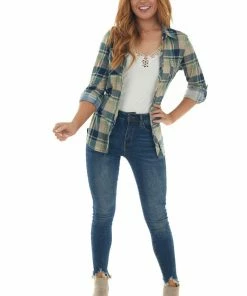 Fashion Cargo Tops Pistachio And Navy Plaid Top With Chest Pocket