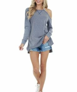 Doe & Rae Tops Dusty Blue Two Toned Long Sleeve Top With Cold Shoulder
