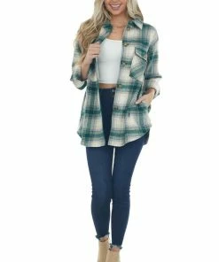 Kori America Forest And Cornflower Plaid Shirt Jacket Tops