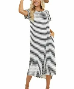 Umgee Off White And Navy Striped Dress With Side Pocket Details