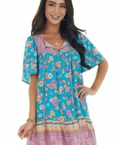 Umgee Dresses Teal Floral Print Short Dress With Front Tie