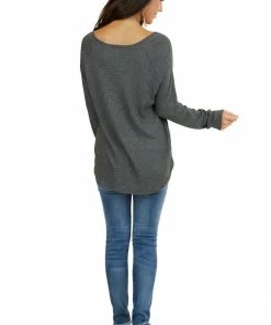 7th Ray Tops Stormy Grey Waffle Knit Long Sleeve Top With V Stitch