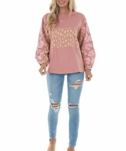 Easel Dusty Punch Multiprint Colorblock Knit Top