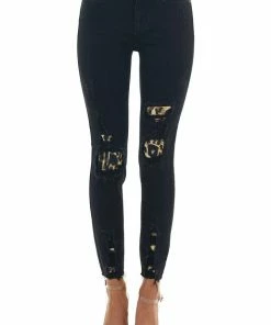 Judy Blue Bottoms Black Mid Rise Distressed Skinny Jeans With Leopard Patches