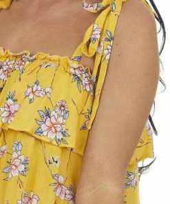 Fantastic Fawn Tops Marigold Floral Print Shoulder Tie Strap Tank