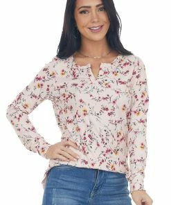 Staccato Blush Floral Print Notch Neck Ribbed Knit Top 26 Staccato Blush Floral Print Notch Neck Ribbed Knit Top