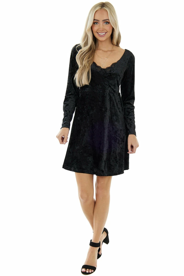 Umgee Dresses Black Velvet V Neck Lace Trim Short Dress 11 Umgee Dresses Black Velvet V Neck Lace Trim Short Dress