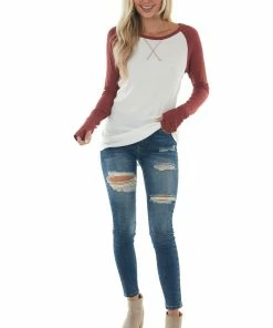 Lovely Melody Brick And Ivory Long Sleeve Top With X Stitch Detail Tops 15 Lovely Melody Brick And Ivory Long Sleeve Top With X Stitch Detail Tops