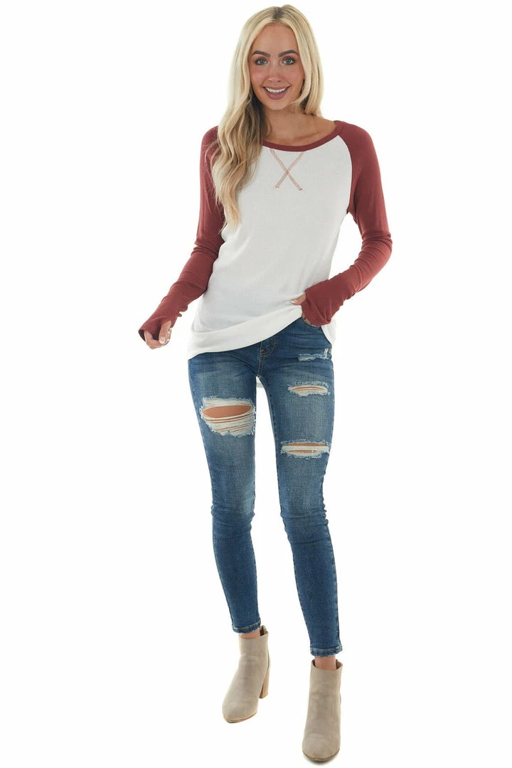 Lovely Melody Brick And Ivory Long Sleeve Top With X Stitch Detail Tops 8 Lovely Melody Brick And Ivory Long Sleeve Top With X Stitch Detail Tops