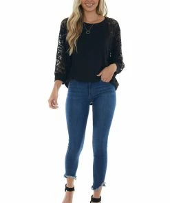 Now N Forever Black Ribbed Dolman 3/4 Lace Sleeve Knit Top