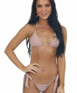 Mermaid Swimwear Dusty Rose Strappy Bikini Set With Front Tie