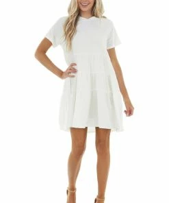 Emory Park Dresses Off White Drop Waist Swiss Dot Knit Dress With Tiered Detail