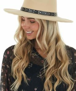 Fame Accessories Sand Felt Wide Brim Hat With Studded Band