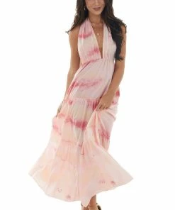 Honey Peach Dresses Cherry Blossom Tie Dye Halter Neck Maxi Dress