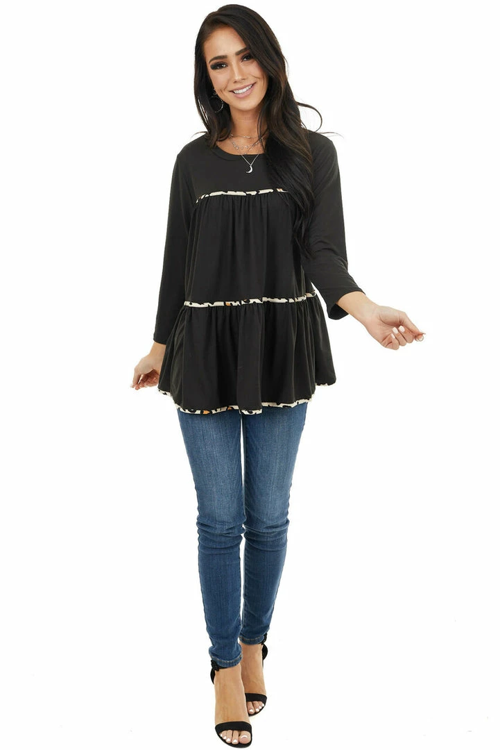 Entro Black Tiered Long Sleeve Top With Leopard Print Details Tops 17 Entro Black Tiered Long Sleeve Top With Leopard Print Details Tops