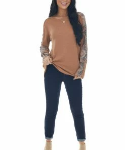 BiBi Camel And Floral Waffle Knit Long Sleeve Top Tops