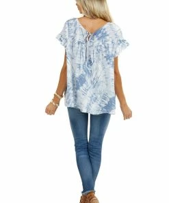 Kori America Tops Slate Blue Tie Dye Blouse With Short Ruffle Sleeves 30 Kori America Tops Slate Blue Tie Dye Blouse With Short Ruffle Sleeves