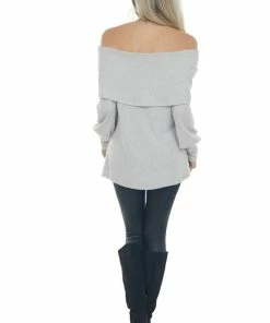 Andree Pewter Grey Folded Off Shoulder Ribbed Knit Top