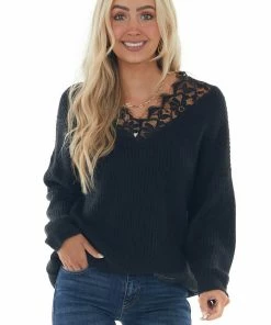 Davi & Dani Tops Black Lace V Neck Long Sleeve Ribbed Sweater
