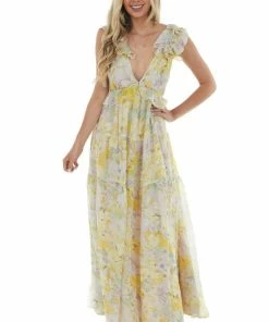 Aakaa Dresses Pastel Yellow Floral Open Back Maxi Dress