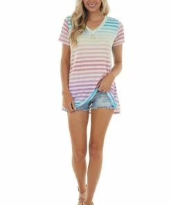 HEIMISH Rainbow Ombre Striped Short Sleeve Knit Tee Tops