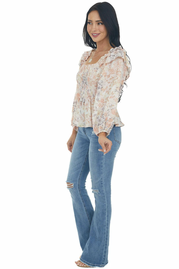 Entro Apricot Floral Long Sleeve Smocked Blouse Tops 14 Entro Apricot Floral Long Sleeve Smocked Blouse Tops