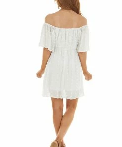 Peach Love Dresses Pearl Off Shoulder Swiss Dot Woven Short Dress