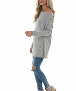 BiBi Tops Dove Grey Two Tone Off The Shoulder Long Sleeve Knit Top 33 BiBi Tops Dove Grey Two Tone Off The Shoulder Long Sleeve Knit Top