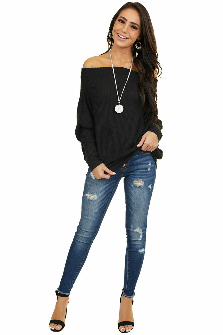 American Chic Black Soft Waffle Knit Off The Shoulder Long Sleeve Top 13 American Chic Black Soft Waffle Knit Off The Shoulder Long Sleeve Top