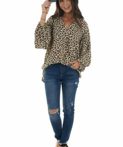 143 Story Beige Leopard Print Long Puff Sleeve Woven Top