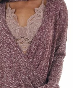 CY Fashion Burgundy And White Surplice Knit Top With Choker Neckline