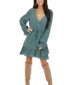 Peach Love Dresses Pine Green Floral Print Long Sleeve Dress With Ruffle Detail 29 Peach Love Dresses Pine Green Floral Print Long Sleeve Dress With Ruffle Detail